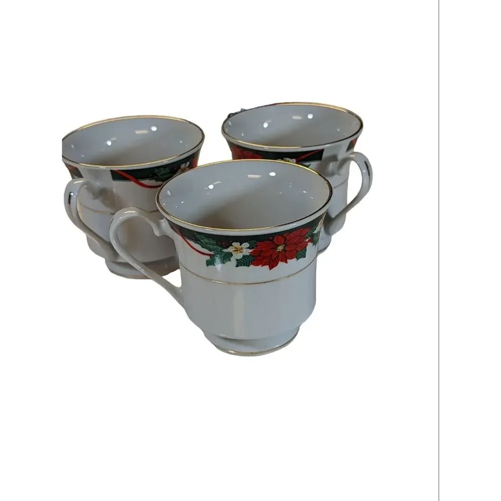 Tienshan Fine China Deck The Halls Christmas Tea Coffee Cups Gold Ring Set Of 3